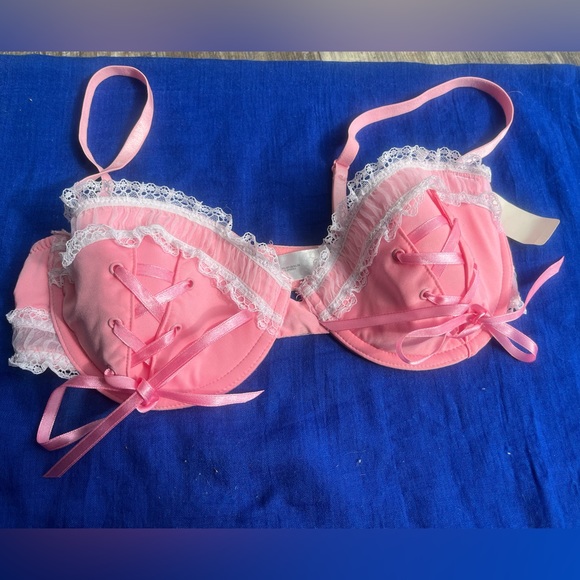 NWT vtg Coquette Y2K Baby Pink Lolita white lace up frilly bow bra delicates 34C - Picture 2 of 16